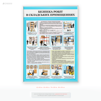 Плакат «Безпека робіт на складі», як частина навчання нових співробітників або періодичного інструктажу з охорони праці у складських приміщеннях підприємств, логістичних центрів, магазинів чи виробничих баз.