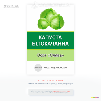 Інформаційна табличка «Капуста білокачанна» сорт Слава для маркування овочевих культур у фермерських господарствах, теплицях та аграрних підприємствах.