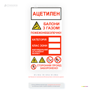 Інформаційна табличка категорії складу балонів з ацетиленом для позначення пожежонебезпечних приміщень. Містить поля для категорії, класу зони, відповідального за пожежну безпеку.