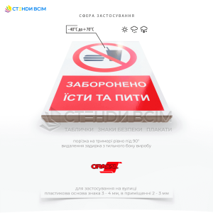 Знак заборони P022 «Заборонено їсти та пити» призначений для хімічних лабораторій та виробництва, медичних закладів, для зони обробки харчових продуктів, в місцях зберігання відходів та сміття, при роботі з біологічними матеріалами.