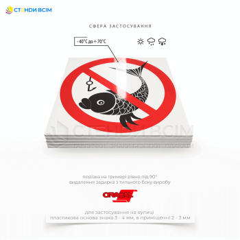 Знак безопасности P107 «Запрещается ловить рыбу», который используется где расположены водоемы, озера, пруды, реки или другие водоемы, используемые для промышленных нужд, где рыбалка может быть опасна из-за возможной загрязненности воды.