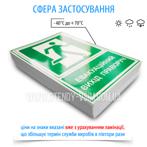 Знак эвакуации квадратной формы с зеленым фоном, символизирующий безопасность знак E002 «Эвакуационный выход вправо», обеспечивающий быстрое ориентирование людей в чрезвычайных ситуациях и повышающий безопасность зданий и сооружений.