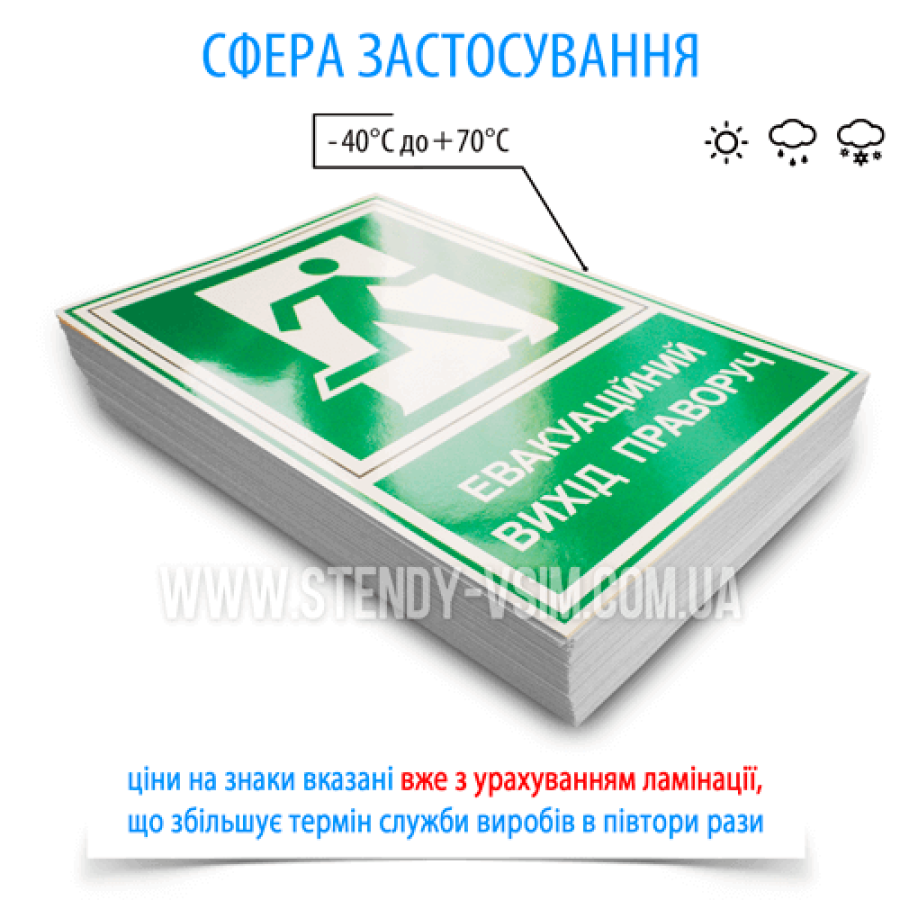 Зелені наклейки E002 з написом «Вихід праворуч», які використовують у місцях з великою кількістю відвідувачів: театри, кінотеатри, стадіони та маркування шляхів евакуації для забезпечення швидкого виходу людей.