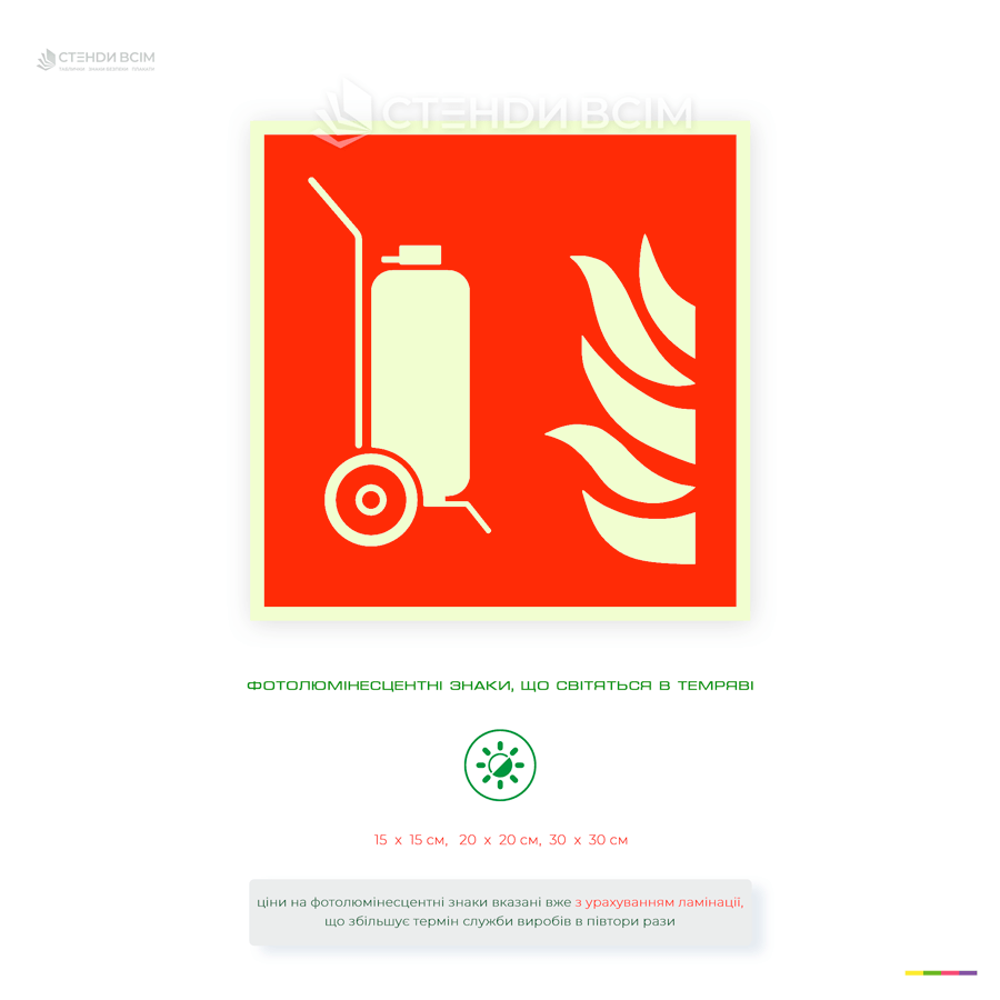Світлонакопичувальна табличка, що світиться в темряві «Пересувний вогнегасник» для орієнтування персоналу та відвідувачів у темний час або при аварійних ситуаціях.
