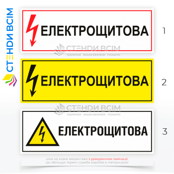 3 варіанти виготовлення знака електробезпеки «Електрощитова» EUA032 «Електрощитова», який призначений для позначення місць розташування електрощитових, приміщень з електрообладнанням та його використання регламентується стандартами безпеки.