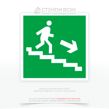 Квадратний знак евакуації зеленого кольору E102 «Напрямок до виходу по сходах вниз направо», на якому зображені елементи, що допомагають зрозуміти напрямок руху стрілкою, що вказує вниз по сходах праворуч.