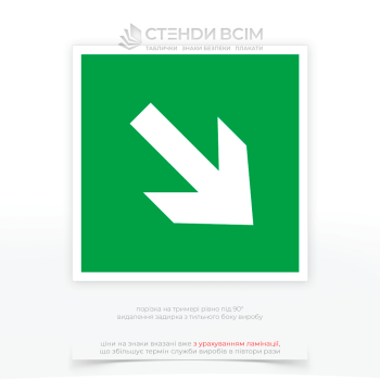 Квадратний знак евакуації E105 «Направляюча стрілка під кутом 45°», який вказує напрямок до найближчого виходу чи безпечного місця, де люди можуть знайти прихисток у випадку надзвичайної ситуації, наприклад, пожежі або іншої небезпеки.