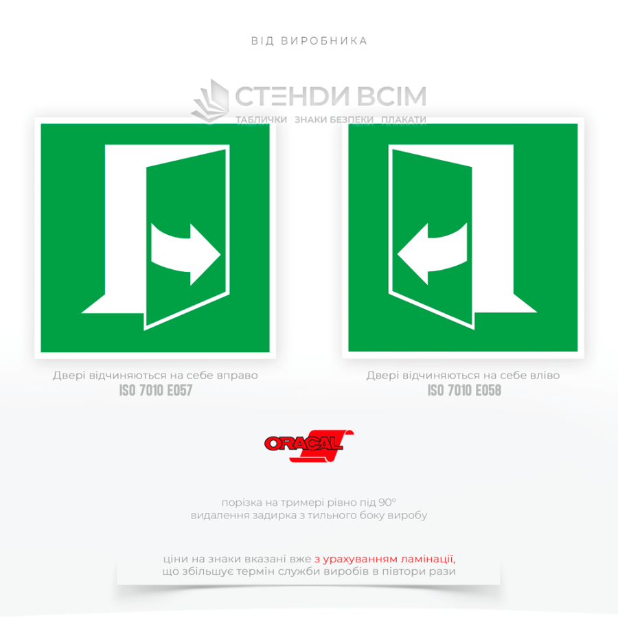 Знаки «Двері відчиняються на себе вправо, вліво», які є елементом організації безпечної евакуації та зменшують ризики при надзвичайних ситуаціях.