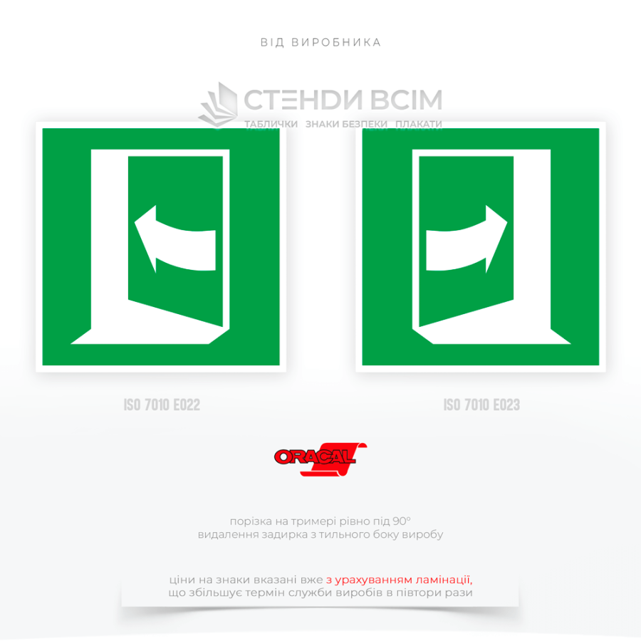 Знаки «Двері відчиняються поштовхом вліво, вправо», які  найкраще розміщувати на рівні очей, безпосередньо на дверях або поруч із ними, з урахуванням напрямку відкривання дверей.