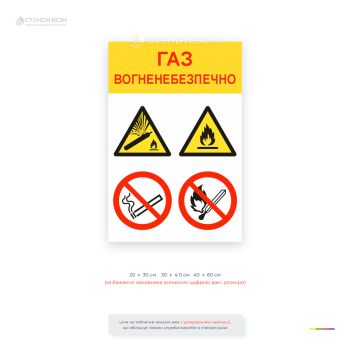 Комбінована табличка «Газ! Вогненебезпечно» із попереджувальними та заборонними знаками. Для газового обладнання, котелень, підприємств і небезпечних зон.