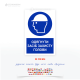 Табличка безпеки «Працювати у захисній касці» синього кольору з піктограмою білої каски для будівельного майданчика.