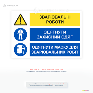 Табличка «Зварювальні роботи! Одягнути одяг, маску» поєднує попереджувальні та наказові знаки, що дозволяє інформувати  про потенційні небезпеки та необхідність використання ЗІЗ.