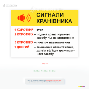 Табличка для будівельників «Сигнали кранівника» містить стандартизовані звукові сигнали, які використовуються під час роботи вантажопідіймальних механізмів.