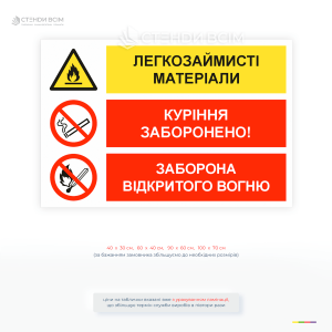 Табличка «Заборона куріння відкритого вогню» сигналізує про наявність легкозаймистих матеріалів і суворо забороняє використання будь-яких джерел відкритого вогню, включаючи куріння.