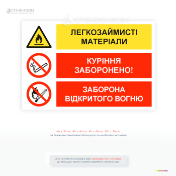 Табличка «Заборона куріння відкритого вогню» сигналізує про наявність легкозаймистих матеріалів і суворо забороняє використання будь-яких джерел відкритого вогню, включаючи куріння.