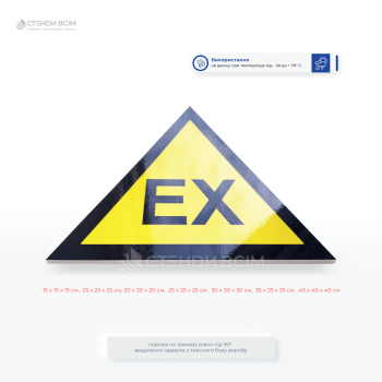 Знак безпеки «Вибухонебезпечна зона (EX)» застосовується для позначення місць, де можливе утворення вибухонебезпечних сумішей газів, парів чи пилу.
