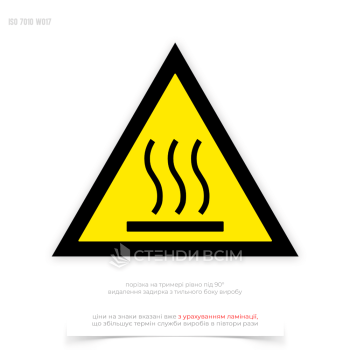 Расположенный на видном месте, где его легко можно заметить предостерегающий знак безопасности «Горячая поверхность / Hot surface» W017 предупреждающий людей о наличии горячих поверхностей и необходимости избегать контакта с ними во избежание травм.