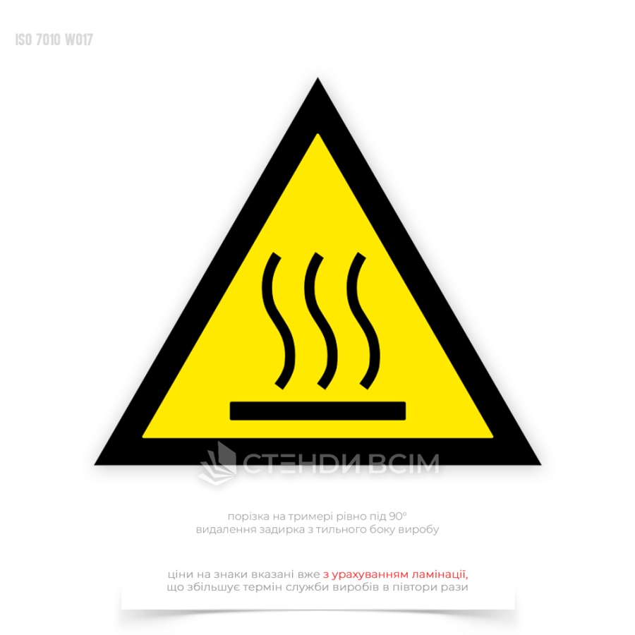 Розташований на видному місці, де його легко можна помітити застерігаючий знак безпеки «Гаряча поверхня / Hot surface» W017 попереджаючий людей про наявність гарячих поверхонь та необхідність уникати контакту з ними, щоб уникнути травм.