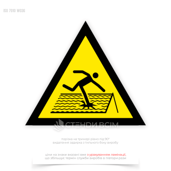 Трикутний знак безпеки, що відповідає стандартним попереджувальним знакам «Ламкий дах / Fragile Roof Label» W036 та який інформує про те, що дах може не витримати вагу людини або важких предметів і існує ризик провалу.