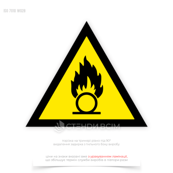 Знак безпеки «Окислювальна речовина / Oxidizing substance» W028, призначений для попередження про наявність речовини, яка може викликати або прискорити горіння інших матеріалів та можуть значно збільшити ризик пожежі та вибуху.