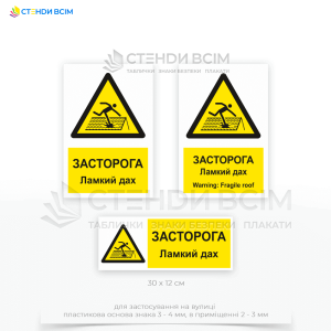 Трикутний знак безпеки, що відповідає стандартним попереджувальним знакам «Ламкий дах / Fragile Roof Label» W036 та який інформує про те, що дах може не витримати вагу людини або важких предметів і існує ризик провалу.