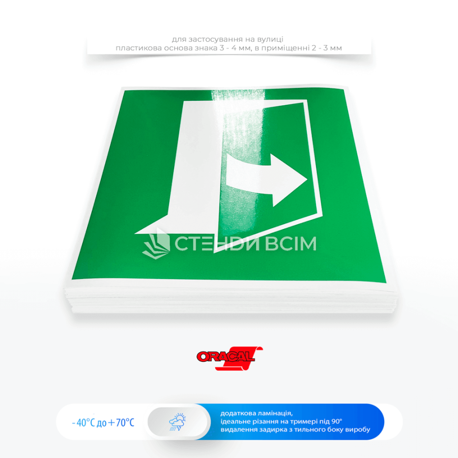 Наклейки знаків «Двері відчиняються на себе вправо», які є частиною системи навігації та безпеки в будівлях і сприяє швидкому пересуванню людей у приміщеннях.