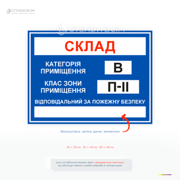 Табличка «Пожежна категорія складу» для складів і виробництва, яка відповідає нормам пожежної безпеки, допомагає визначити рівень ризику.