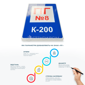 Знак вказівник пожежного гідранта в Україні «ПГ» F123, які можуть бути як встановлені на будівлях, так і на стовпах поруч із проїжджою частиною або пішохідною зоною, щоб пожежники швидко знайшли доступ до води для гасіння пожеж.