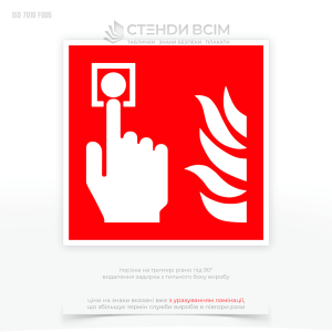 Знак "Ручной пожарный извещатель", который требуется, чтобы привлечь внимание людей к местоположению ручного пожарного извещателя (кнопки или рычага, активирующего сигнал тревоги).