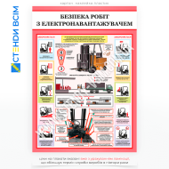 Плакат «Безопасная работа на электропогрузчике», применяемый в складских помещениях, производственных зонах, где используются электропогрузчики, для размещения в учебных классах по охране труда, кабинетах по охране труда.