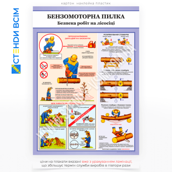 Плакат «Безпека робіт на лісосіці. Бензопила - 3», який застосовують у місцях, де займаються обслуговуванням бензопил та нагадує майстрам про правила роботи та обслуговування інструменту, як довідковий матеріал для робітників.