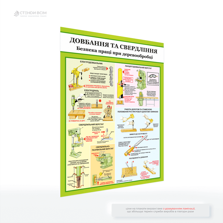 Плакат з охорони праці «Довбання і свердління деревини», який здатний допомогти опанувати техніку свердління та довбання деревини, розуміння правильного вибору інструментів та етапів роботи та забезпечити швидкий доступ до візуальної інформації.