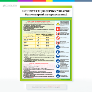 Плакат «Експлуатація зерносушарки», для запобігання нещасним випадкам і пошкодженням обладнання через недотримання правил експлуатації та забезпечити ефективну роботу сушарок і зменшити втрати зерна, які можуть виникнути через неправильну сушки.