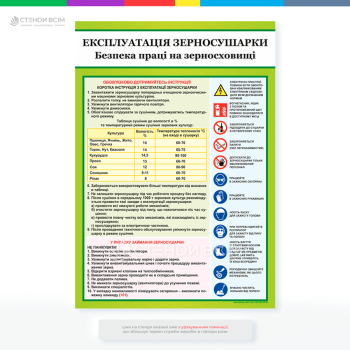 Плакат «Експлуатація зерносушарки», для запобігання нещасним випадкам і пошкодженням обладнання через недотримання правил експлуатації та забезпечити ефективну роботу сушарок і зменшити втрати зерна, які можуть виникнути через неправильну сушки.