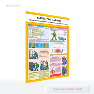 Інформаційний плакат з картинками «Електротравми. Перша домедична допомога», який є частиною інструктажів з техніки безпеки, щоб підтримувати обізнаність працівників або відвідувачів щодо швидкої допомоги при електротравмах.
