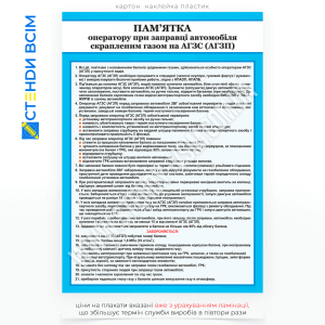 Плакат «Пам'ятка оператору АГЗС», який нагадує оператору про ключові кроки та правила, які необхідно дотримуватися під час заправки автомобіля скрапленим газом та уникнути аварійних ситуацій, забезпечує безпеку як працівників, так і клієнтів.