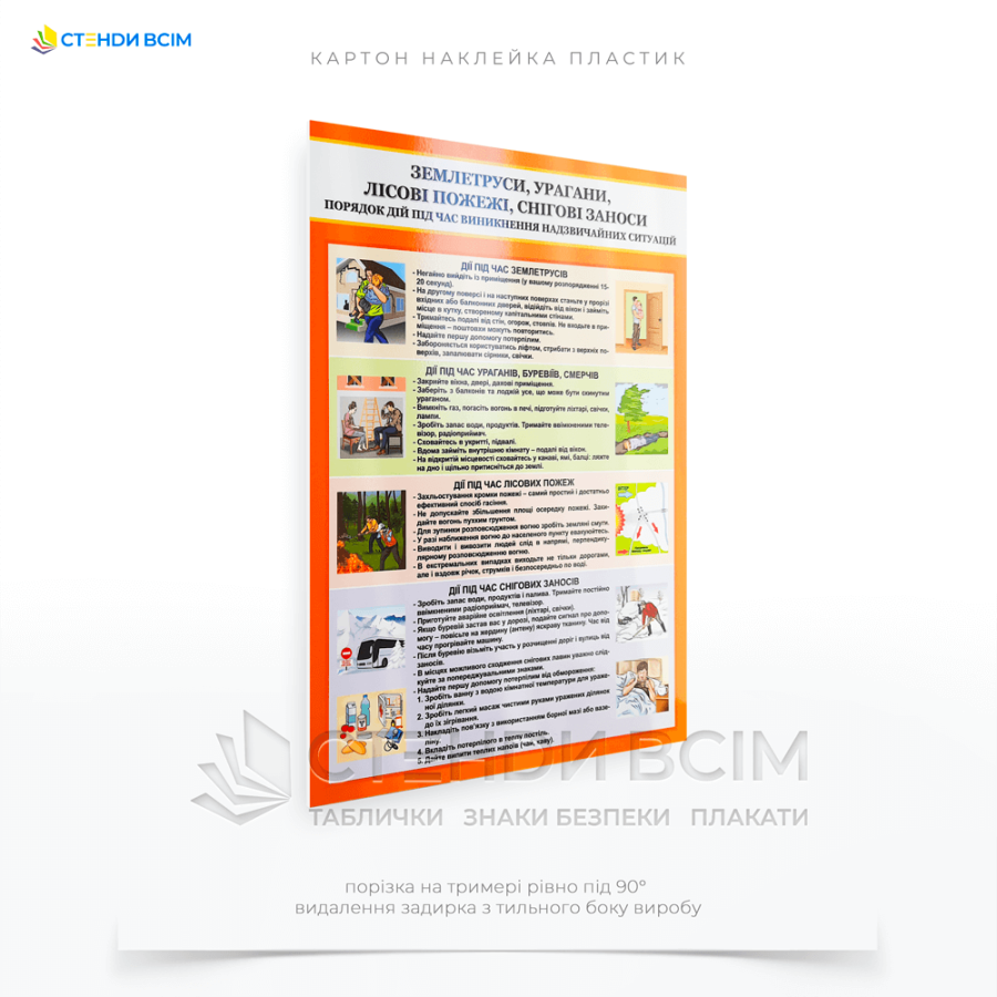 Плакат PC03 «Дії при землетрусах», який призначений навчити людей правильно реагувати на природні загрози та забезпечити їхню безпеку під час надзвичайних ситуацій та розміщення у школах, університетах, дитячих садках, офісах та на підприємствах.