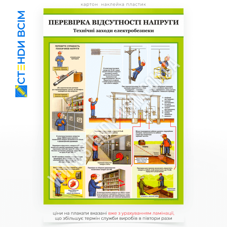 Інформаційний плакат з електробезпеки «Перевірка відсутності напруги», який призначений забезпечити безпеку працівників під час технічного обслуговування або ремонту електроустановок, запобігти випадковому ураженню електричним струмом.
