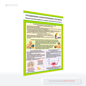 Плакат «Перша допомога при ураженні електричним струмом», метою якого є навчити та нагадати людям, як правильно діяти в ситуації електротравми, щоб уникнути додаткових небезпек та максимально збільшити шанси на порятунок постраждалого.