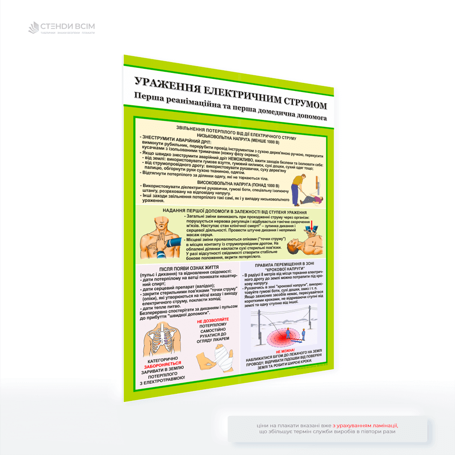 Плакат «Перша допомога при ураженні електричним струмом», метою якого є навчити та нагадати людям, як правильно діяти в ситуації електротравми, щоб уникнути додаткових небезпек та максимально збільшити шанси на порятунок постраждалого.