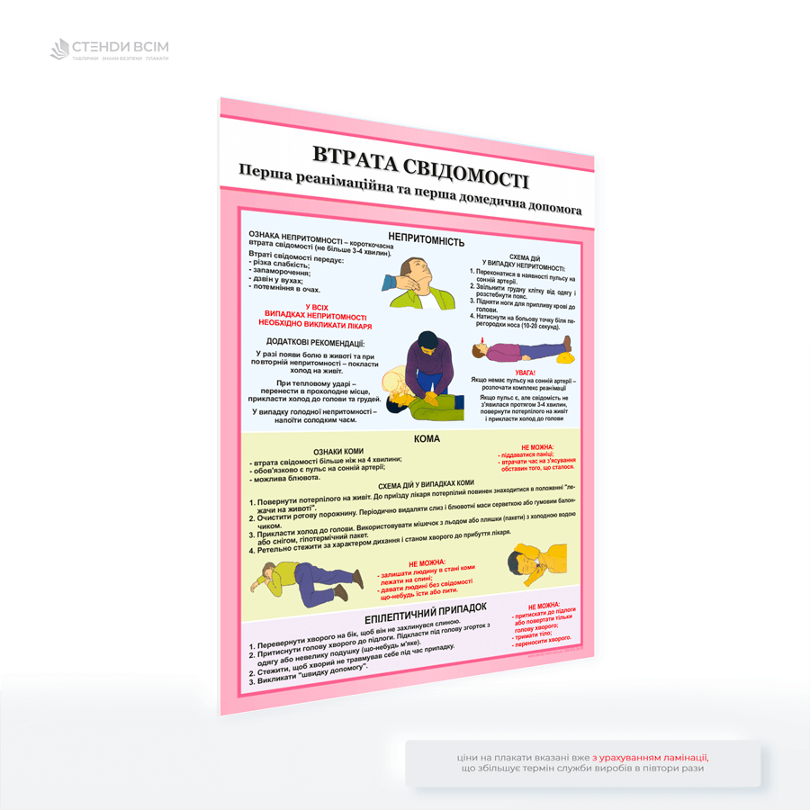 Медичний плакат «Перша допомога при втраті свідомості» з метою допомогти людям запам’ятати основні кроки допомоги, щоб у разі потреби вони могли швидко та ефективно діяти, підвищити шанси на порятунок постраждалого до прибуття медиків.