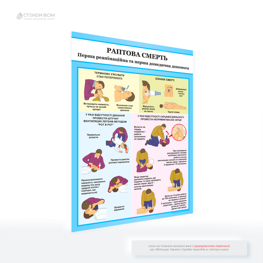Інформаційний плакат з картинками «Перша допомога в разі раптової смерті» який забезпечує чітке та зрозуміле керівництво щодо базових кроків реанімації, допомагаючи людям діяти швидко та впевнено в надзвичайній ситуації.