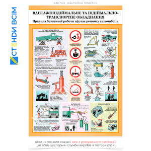Плакат «Грузоподъемное и подъемно-транспортное оборудование» разработан для наглядного ознакомления работников автосервисов, ремонтных мастерских и других технических предприятий с правилами безопасной эксплуатации оборудования.