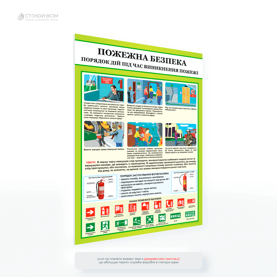 Плакат «Порядок действий при возникновении пожара» на котором описывается текстом и графикой оповещения о пожаре — как сообщить другим об опасности, противопожарных действиях, мерах предосторожности — советы, как избежать задымления.