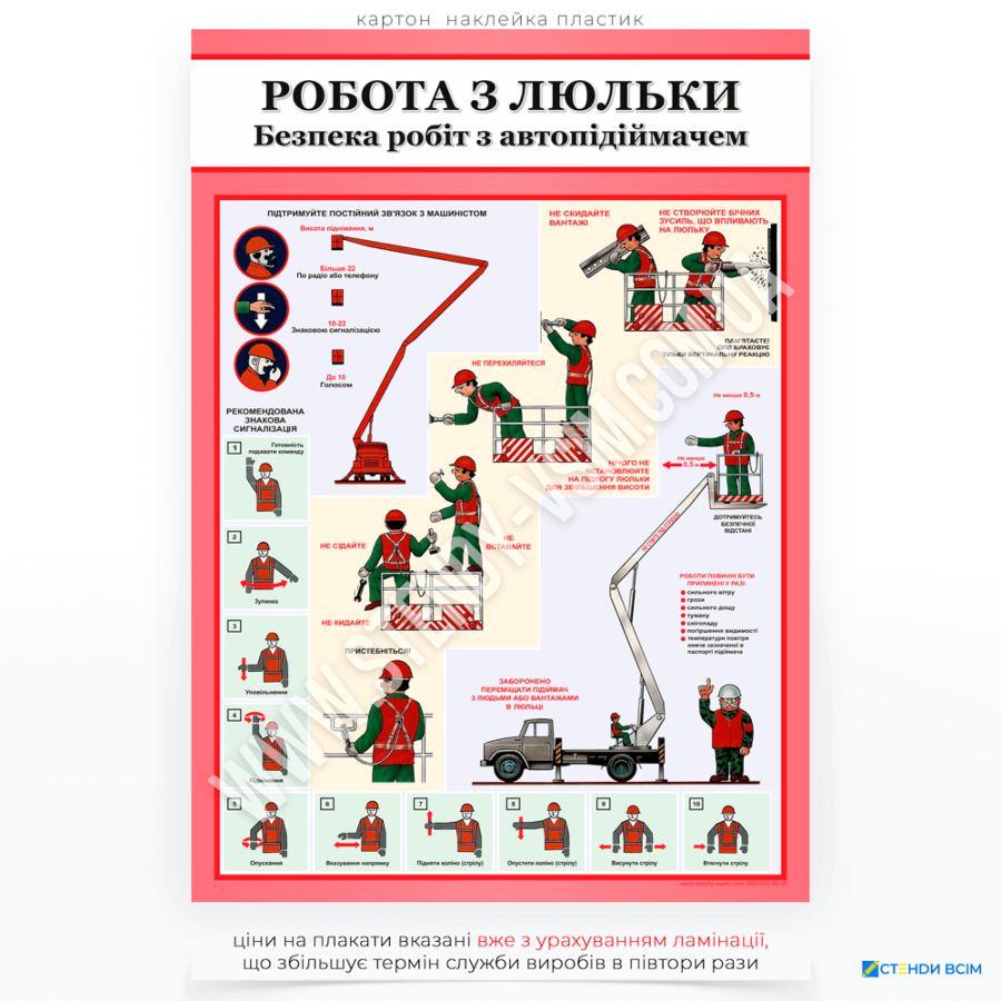 Плакат «Робота з люльки автокрана», який призначений для підвищення ефективності комунікації між оператором автокрана та працівниками, запобігати аварійним ситуаціям та формування культури безпечної праці.