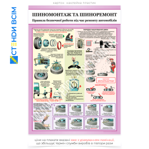 Плакат «Шиномонтаж і шиноремонт», який використовується на шиномонтажних станціях, автосервісах, навчальних класах для підготовки майстрів шиномонтажу, а також у підприємствах, де проводять ремонт автотранспорту (наприклад, автопарках).