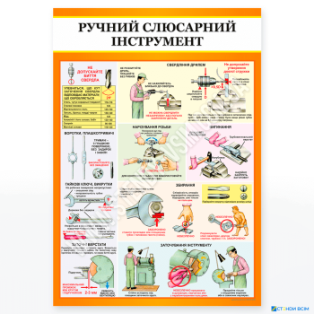 Плакат «Ручний, слюсарний інструмент - 3», це навчальний плакат структурований таким чином, щоб максимально зручно і наочно пояснити ключові моменти роботи з ручними слюсарними інструментами.