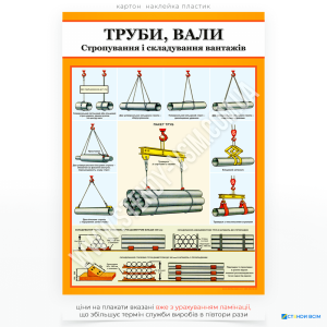 Плакат «Труби, вали. Строповка і складування вантажів», який демонструє правильні й безпечні методи стропування знижую ризик падіння вантажів, нагадує про правила техніки безпеки, встановлені законодавством і стандартами підприємства.