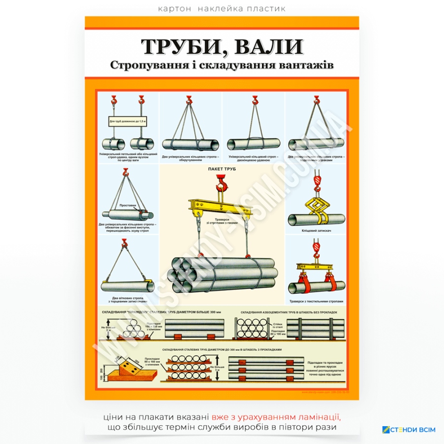Плакат «Труби, вали. Строповка і складування вантажів», який демонструє правильні й безпечні методи стропування знижую ризик падіння вантажів, нагадує про правила техніки безпеки, встановлені законодавством і стандартами підприємства.