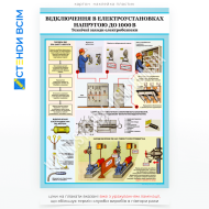 Інформаційний плакат електробезпеки «Відключення в електроустановках до 1000 В», який використовується на робочих місцях, де проводяться відключення, ремонти або обслуговування електроустановок з напругою до 1000 В.